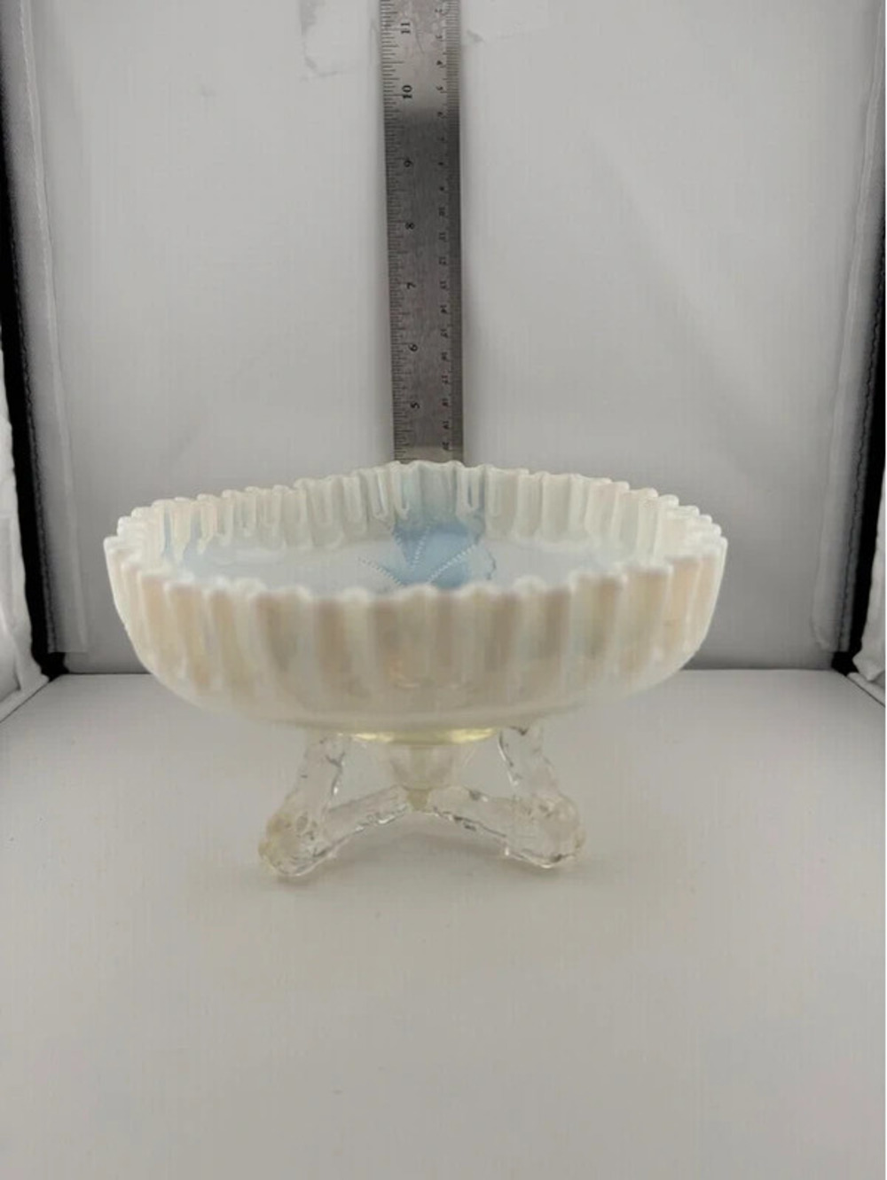 Vintage Northwood White Opalescent Ruffled 3-Footed Glass Bowl